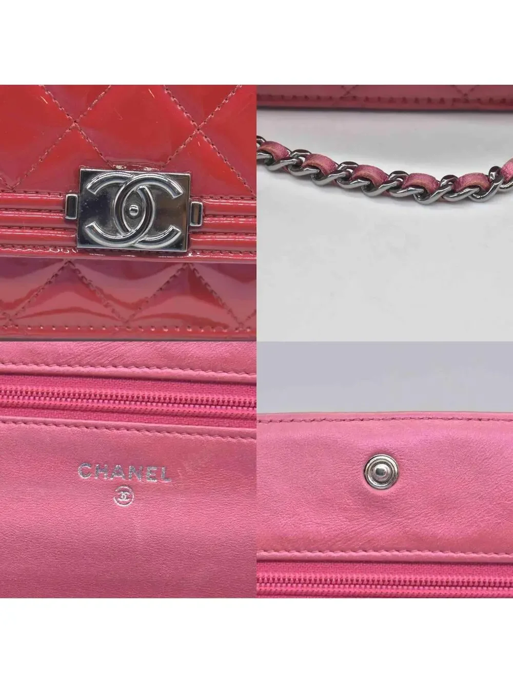 $3350 Chanel Patent Calfskin Quilted Boy Wallet On Chain WOC